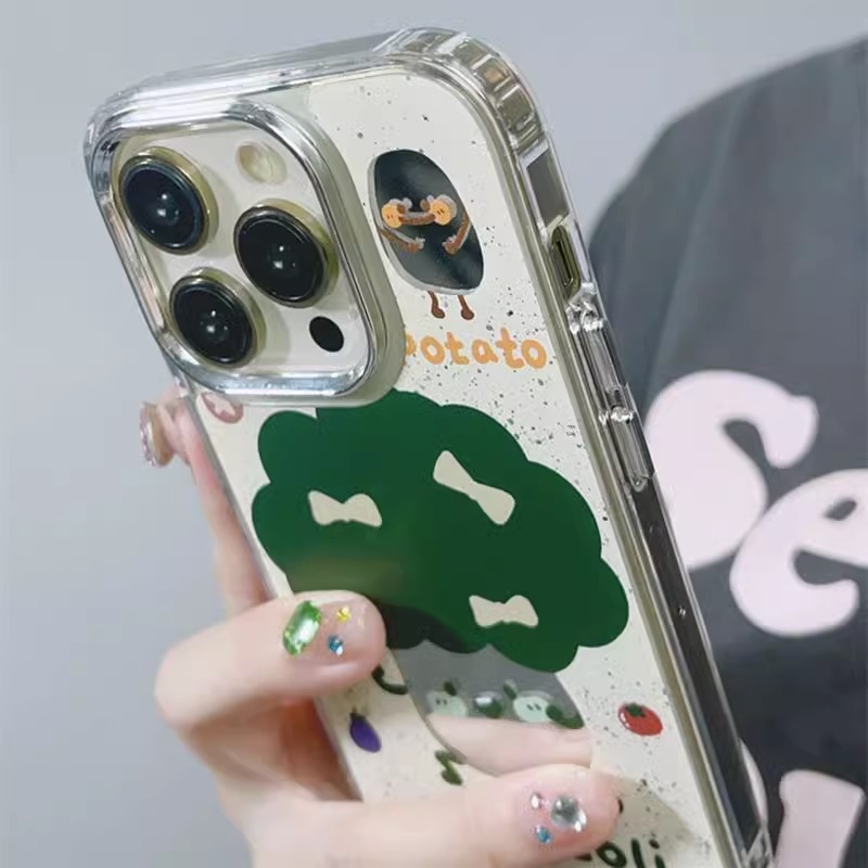 适用iphone14promax苹果13手机壳趣味可爱自带镜面加油西兰花12新款11por女款12小众高级感创意防摔保护套陆