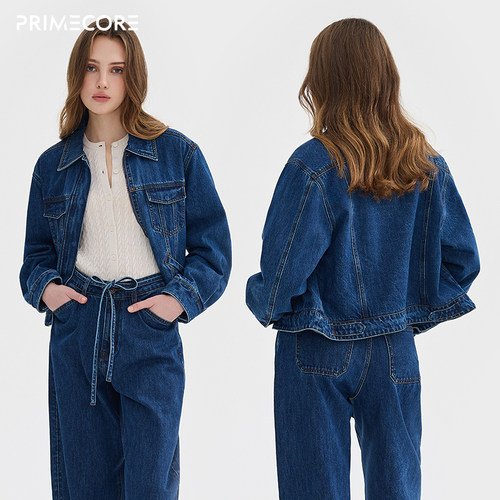 PRIMECORE加绒水洗蓝麂皮绒牛仔外套短款水洗夹克女士