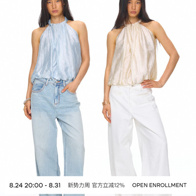 OPEN ENROLLMENT Luster Top 醋酸光泽感波点花苞挂脖上衣 蓝/米