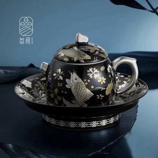 商务伴手礼盒 叄间鱼藻纹金银错茶壶茶杯鎏银家用功夫茶具套装