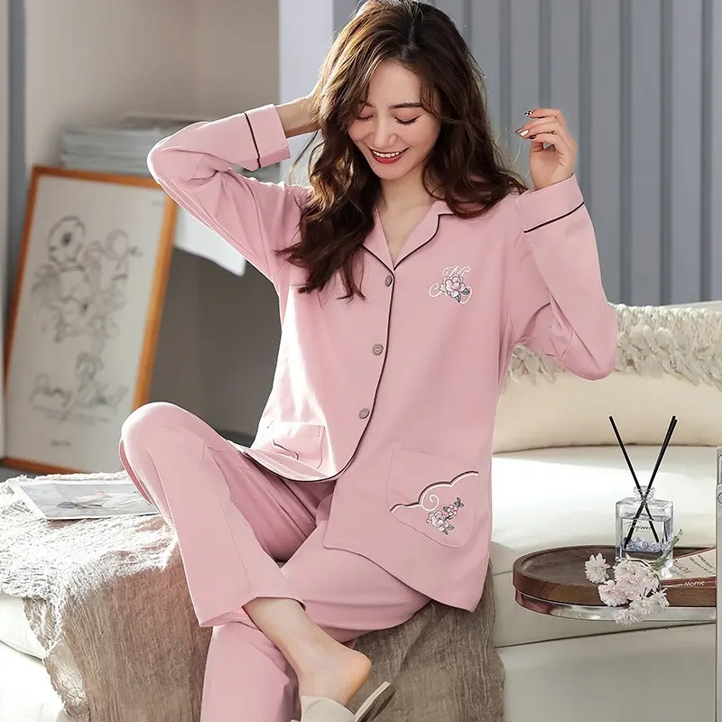 睡衣女春秋季纯棉长袖中年妈妈大码薄款中老年人可外穿家居服套装