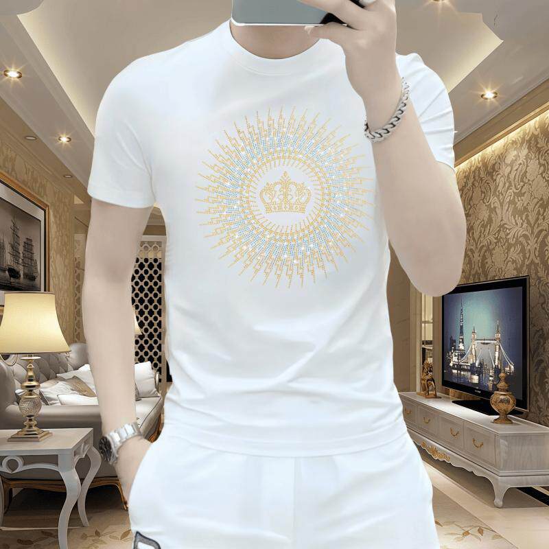 男士时尚休闲夏季潮流修身圆领轻奢百搭个性帅气烫钻冰丝短袖T恤