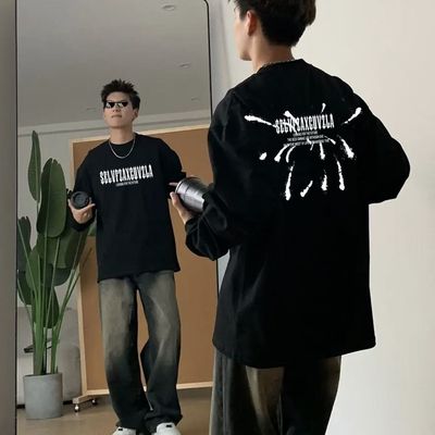 重磅国潮美式纯棉长袖t恤男2025春秋冬季大码宽松内搭上衣打底衫