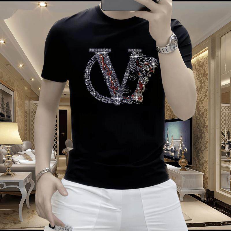 欧洲站男士休闲夏季潮流修身百搭时尚圆领新款烫钻冰丝短袖T恤衫