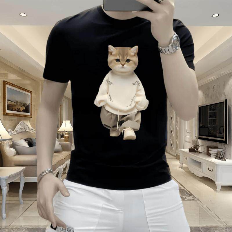 夏季新款猫图案印花短袖t恤男潮流高档冰丝修身男士时尚百搭圆领T