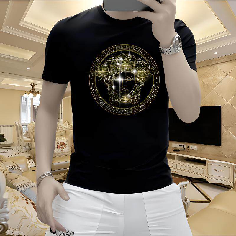 欧货男士新款烫钻时尚百搭夏季透气潮流修身圆领休闲冰丝短袖T恤