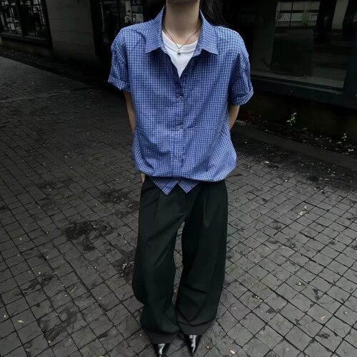 新款日系复古蓝格子衬衫短袖男女
