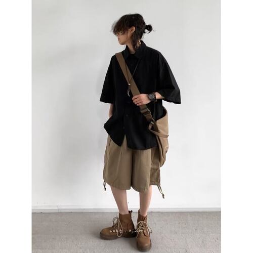 日系慵懒风男装复古工装短袖衬衫