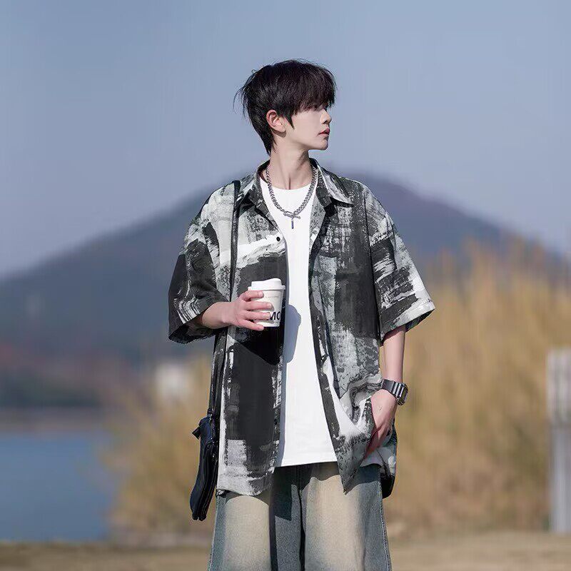 2026新款水墨画短袖衬衫男士夏季