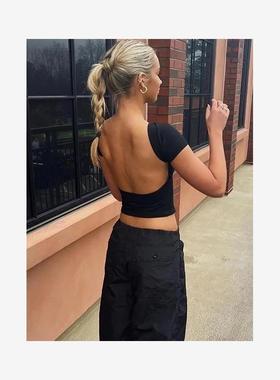 2024Women Backless T-shirt Crop Top Summer Cute Baby Tee Y2K