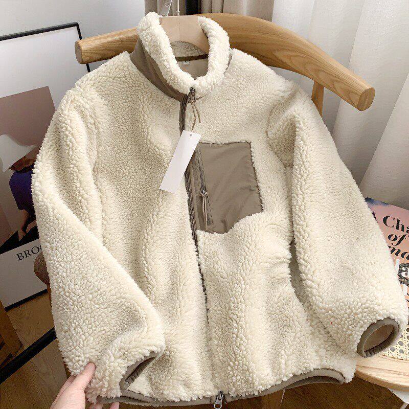 Men Stand Neck Jacket Couple Zipper Loose Warm Lamb Coat