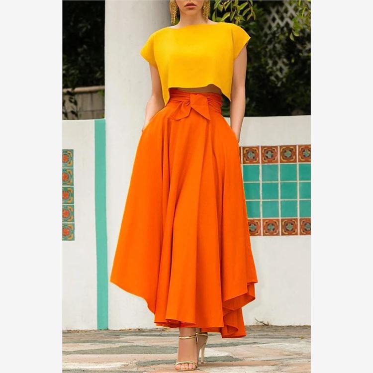Solid color large swing belt skirt欧美女装纯色大摆腰带半身裙
