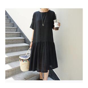 欧洲站港味大码女装皮粉圆领棉麻简约休闲中长款短袖连衣裙DRESS