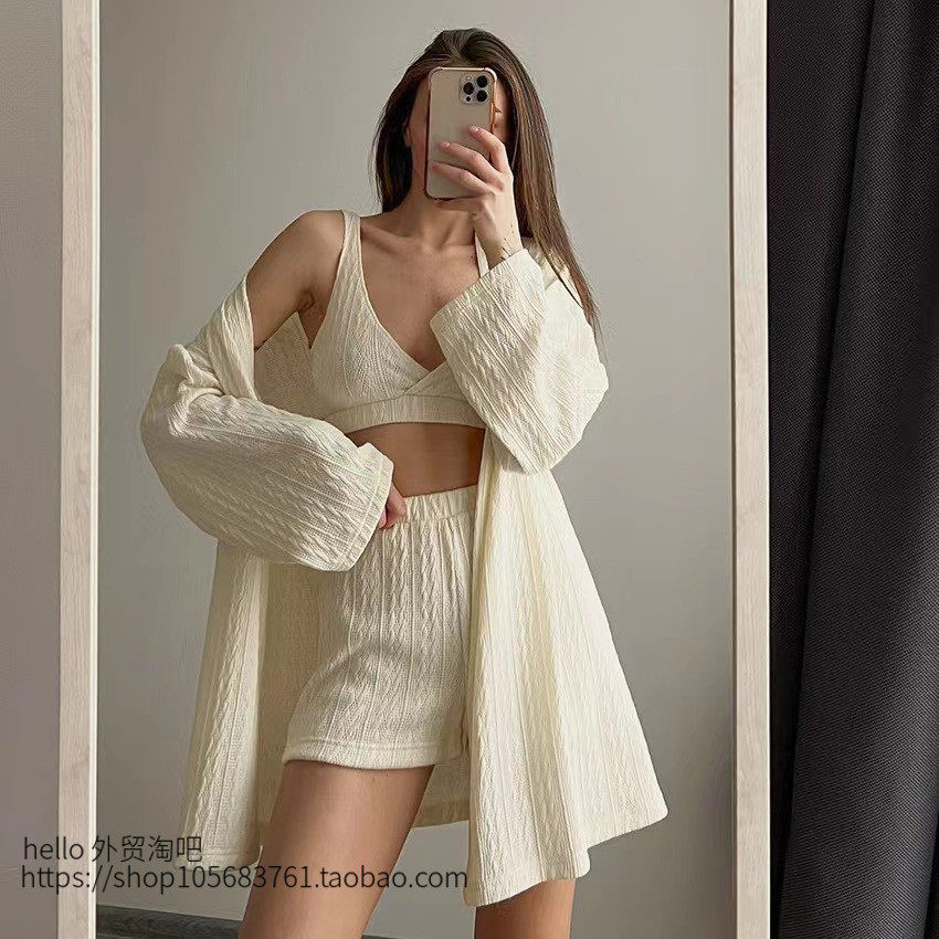 欧美风时尚针织吊带短裤绑带上衣三件套 Knitted three piece set