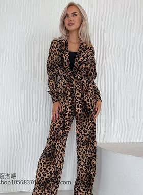 欧美豹纹时尚长袖上衣长裤套装 Leopard print top and pants set