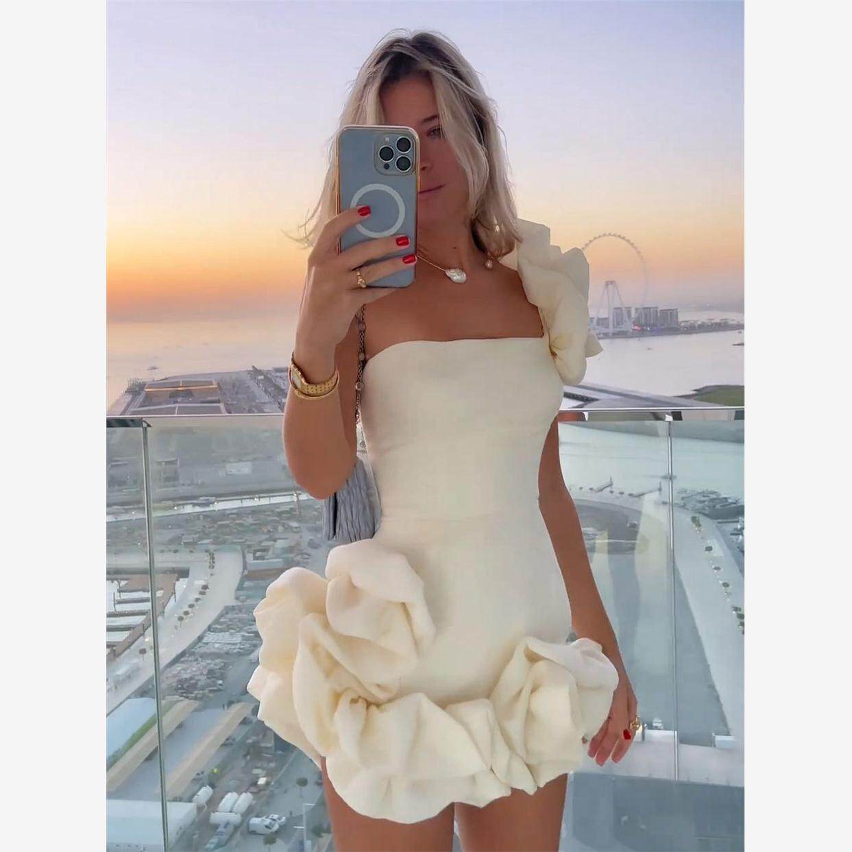 Sexy Party Dress女派对礼服荷叶边花苞收腰连衣裙单肩抹胸包臀裙