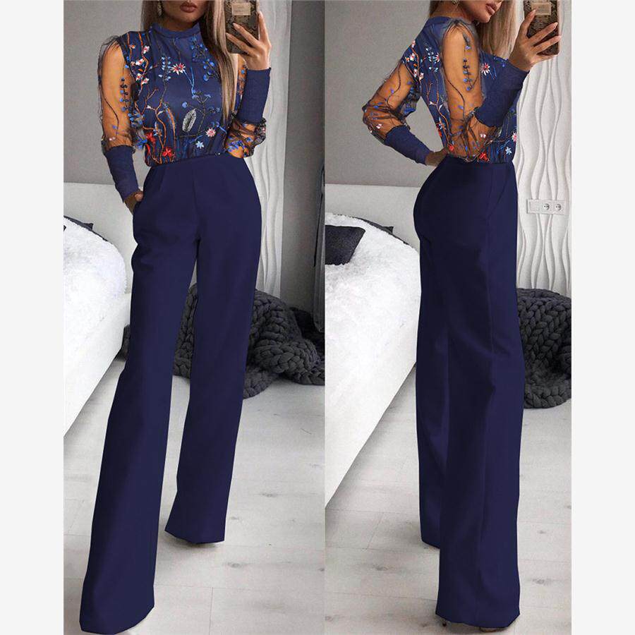 Women mesh splicing jumpsuit网纱提花长袖拼接修身阔腿裤连体裤