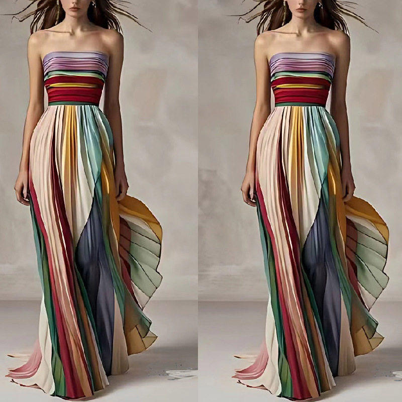 Long skirt dress dress新款女式性感抹胸印花彩色长裙礼服洋装