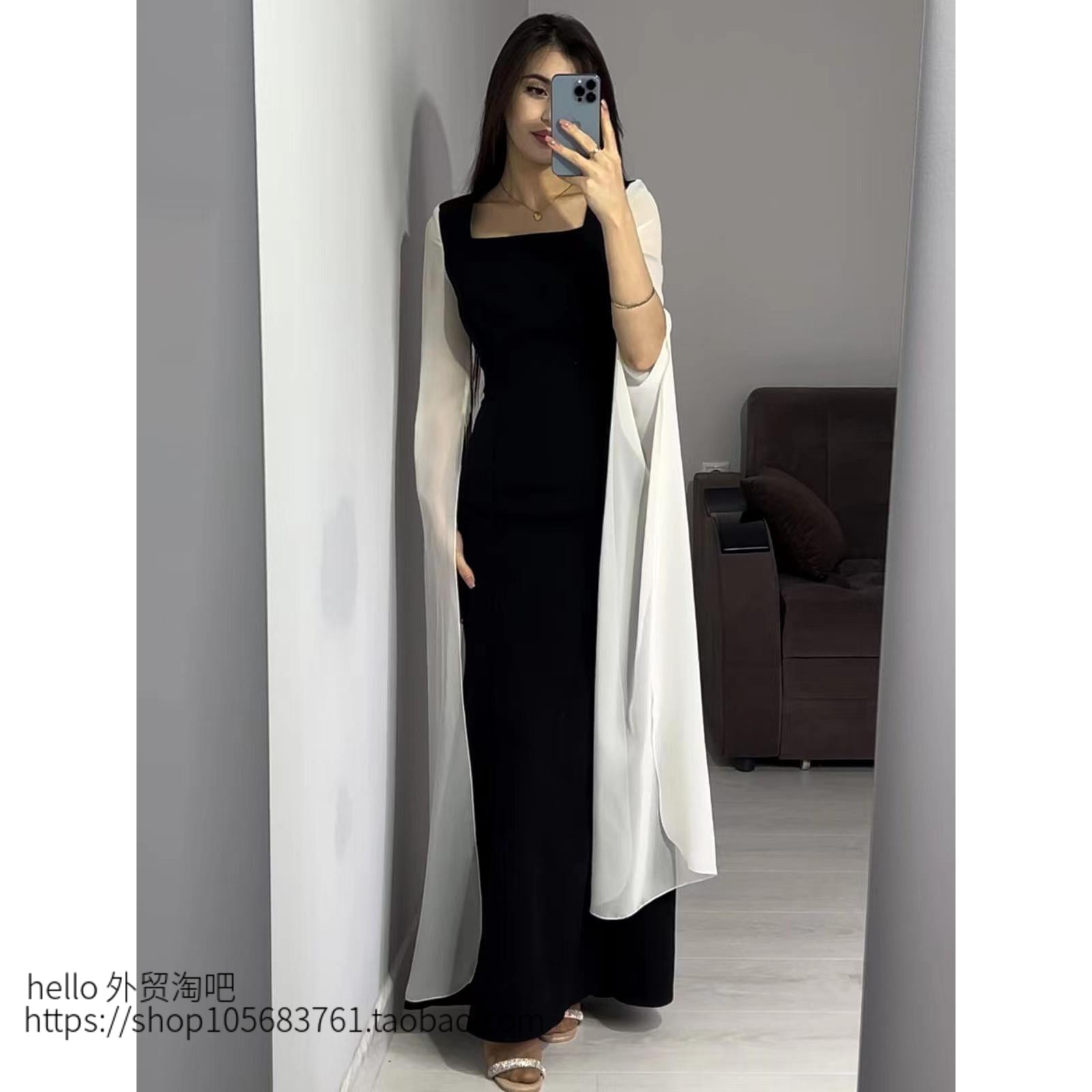 欧美风收腰黑白拼接网纱袖连衣裙 Square neck mesh sleeve dress