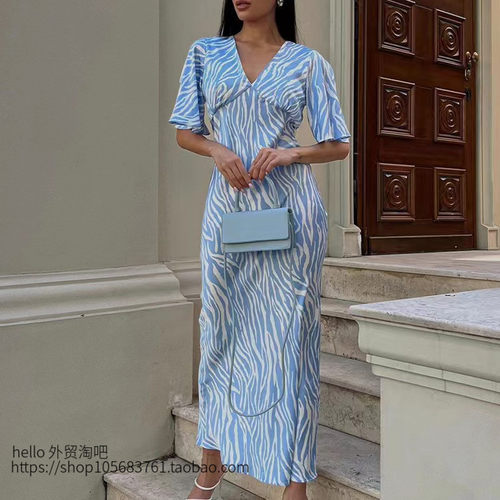 欧美风短袖显瘦露背气质印花连衣裙 Sexy V-neck open back dress