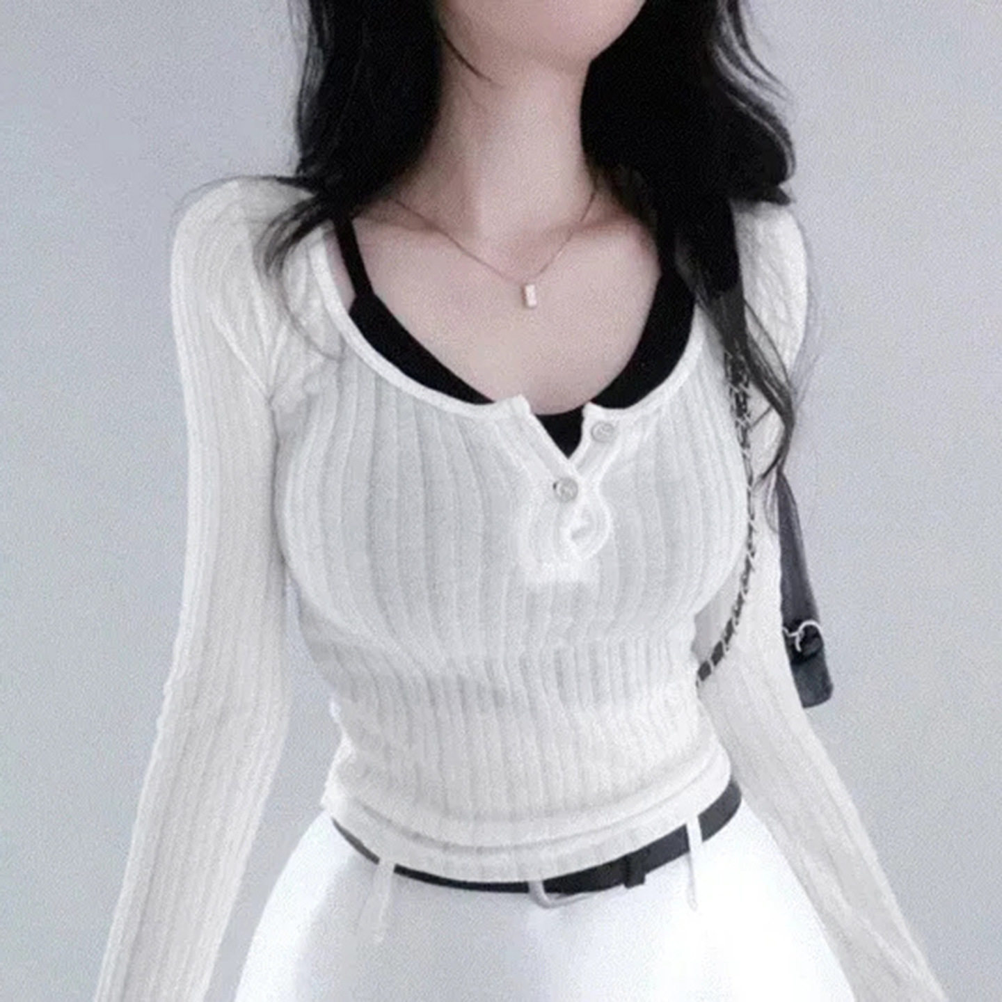 纯欲简约u领显瘦露脐短款背心+长袖t恤两件套辣妹显胸针织衫