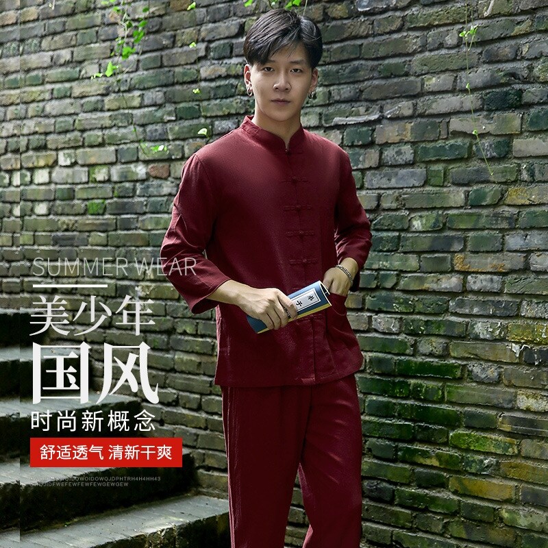 棉麻瑜伽服修禅打坐服太极服中式古装居士服青年男士唐装新款