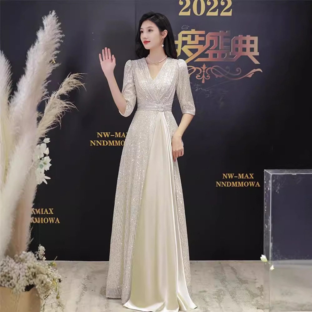 法式金色晚礼服裙女宴会款