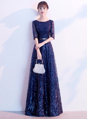 蓝色晚礼服女高级感2026新款亮片气质高端主持人大合唱演出服长裙