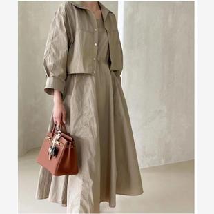 韩国chic2023秋季新款韩版纯色上衣开衫+无袖连衣裙两件套套装女