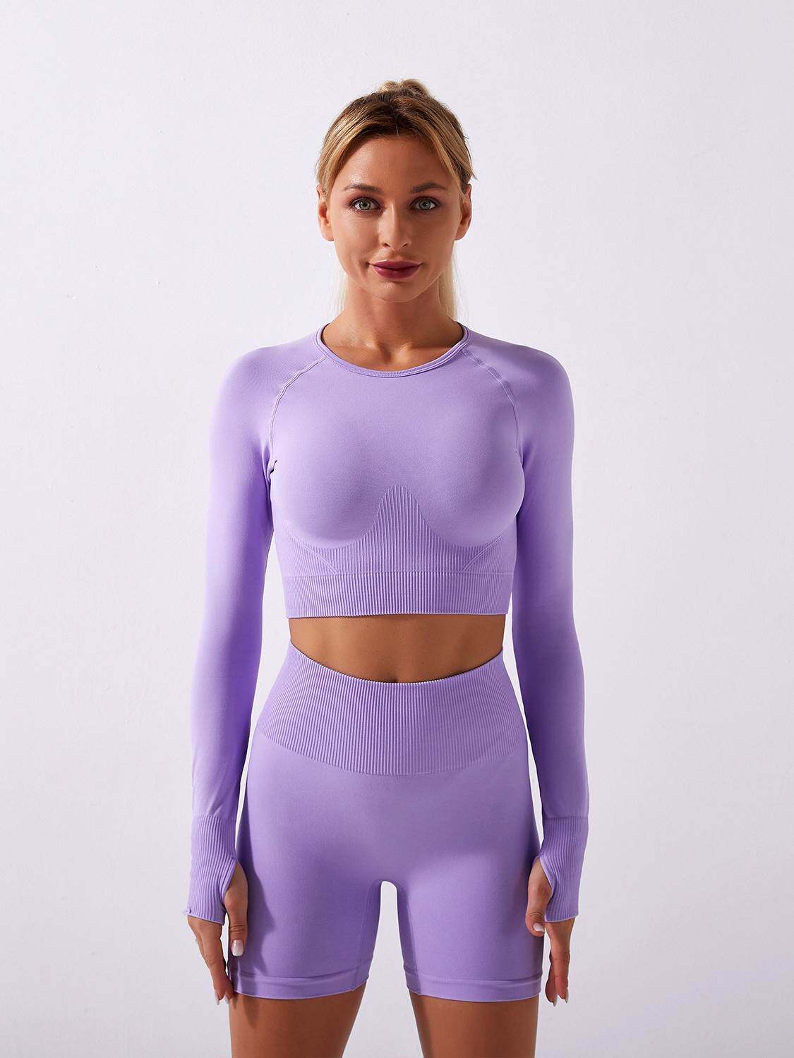 欧美爆款跨境货源无缝塑身长袖短上衣提臀短裤子瑜伽服运动套装女