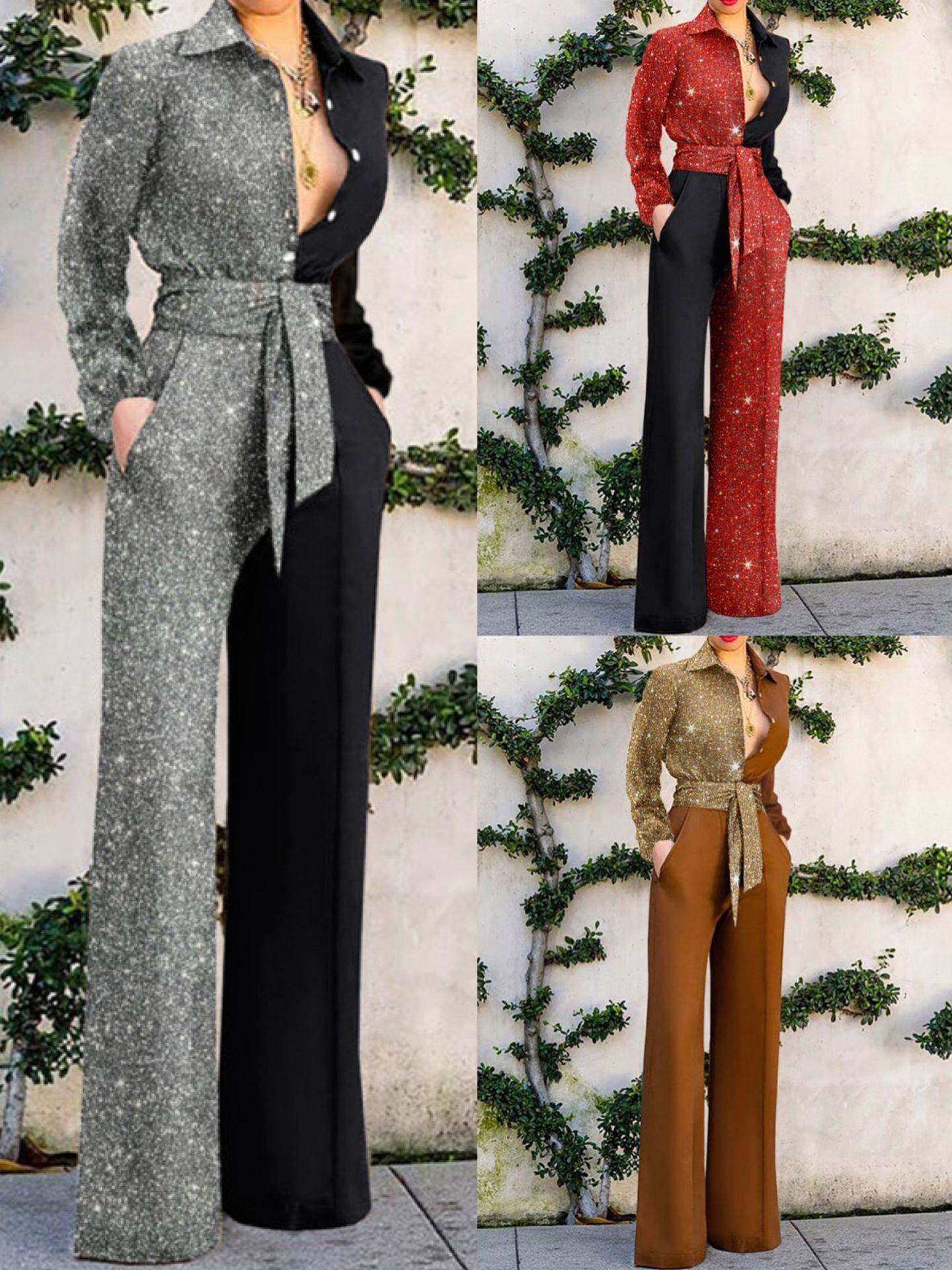 2023春夏新款欧美热卖爆款女士亮丝两色拼长袖阔腿系腰带连体长裤,女装/女士精品,连体衣/裤,淘宝优惠券,粉丝福利购,淘宝优惠卷