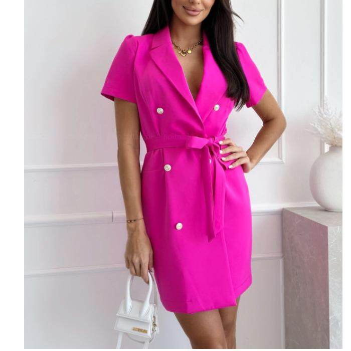 欧美夏季女纯色短袖西装领OL连衣裙春夏气质通勤收腰腰带连衣裙子