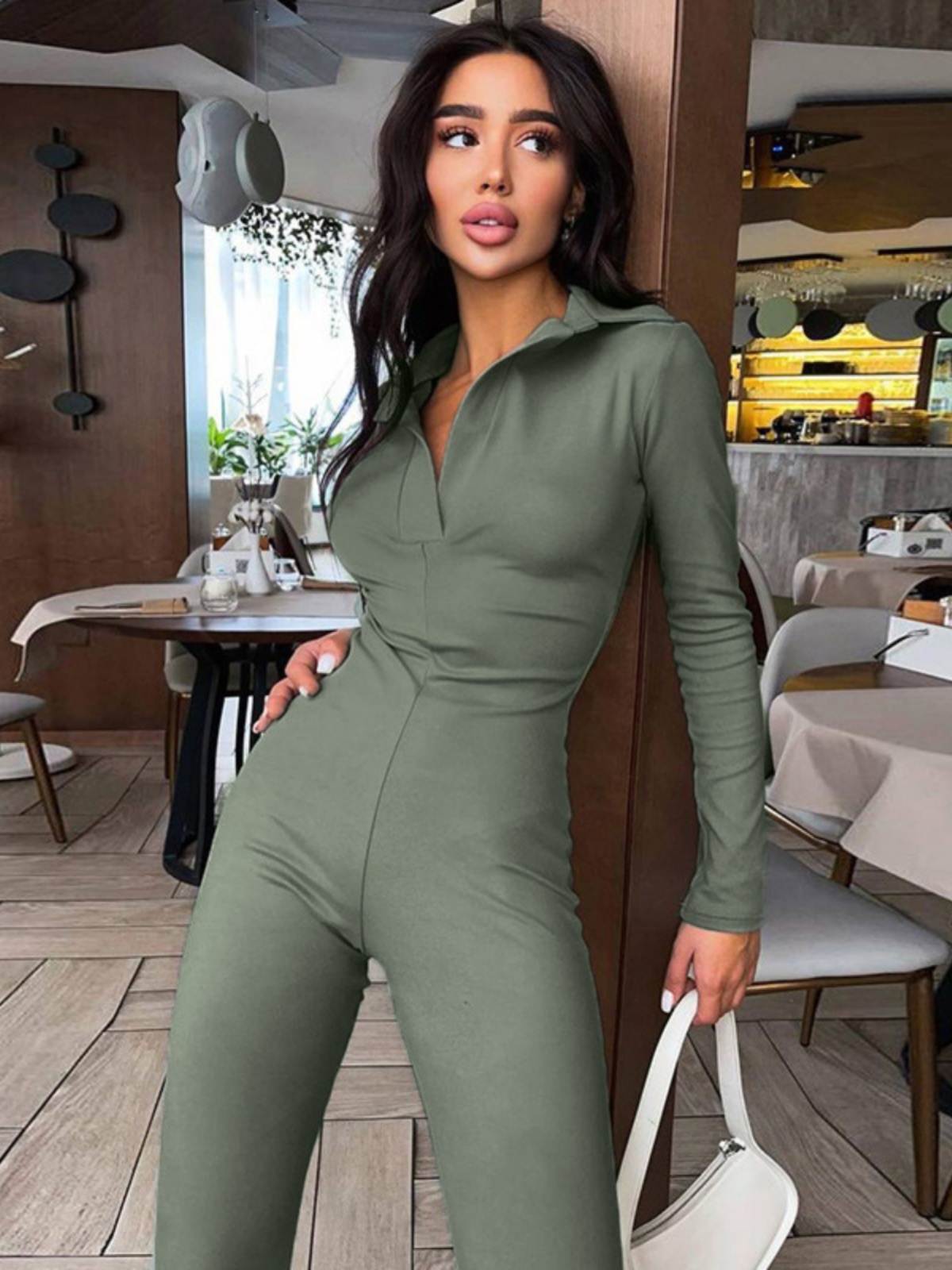 欧美女装春季时尚高腰紧身显瘦连体喇叭裤休闲纯色翻领长袖上衣女