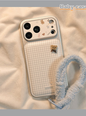 北比ins简约蓝色格纹立体小熊适用苹果17pro手机壳iphone16promax新款15带挂绳17少女14皮质15pm大视窗16全包