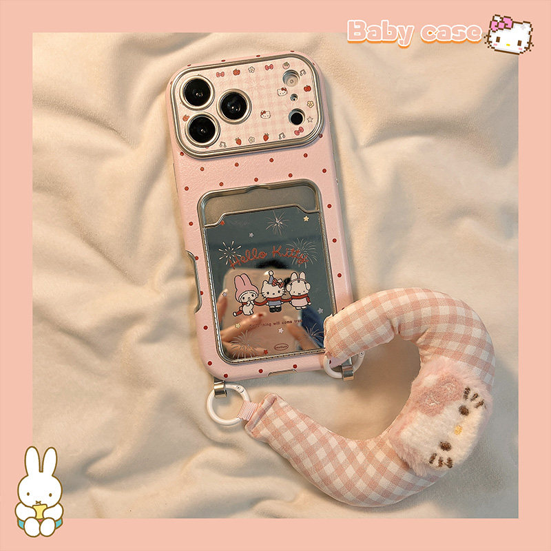 少女粉波点KT卡包适用苹果手机壳
