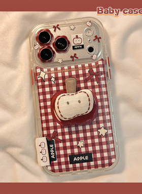 北比ins韩风红色格纹立体苹果适用苹果17手机壳iphone16promax新款15少女17pro简约14皮质15pm小众高级16全包