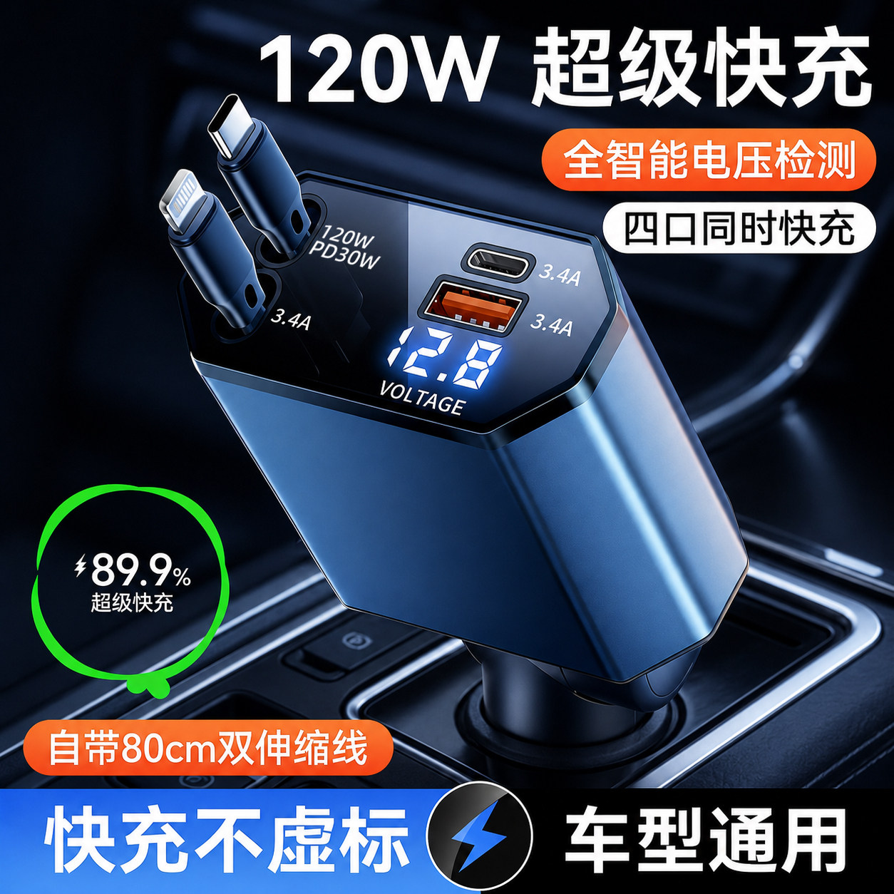 2026新款适用华为小米120W超级快充车伸缩线载充电器一拖二点烟器