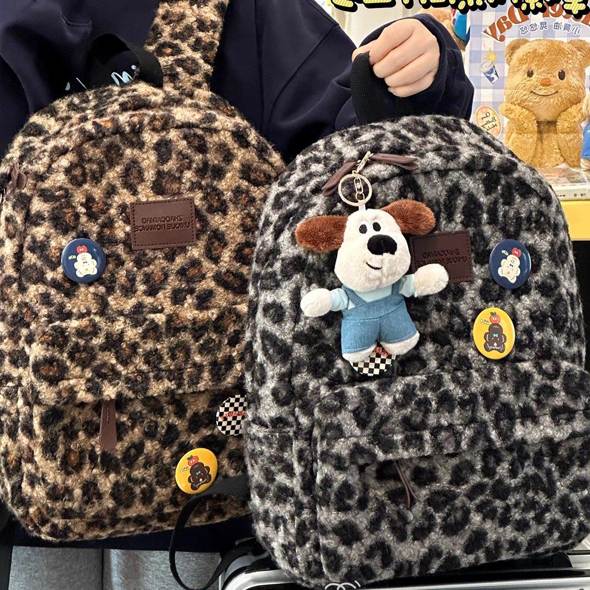 英国 MK DW秋冬豹纹毛绒书包女 日系ins复古毛呢双肩包初中女生高,箱包皮具/热销女包/男包,双肩背包,淘宝优惠券,粉丝福利购,淘宝优惠卷