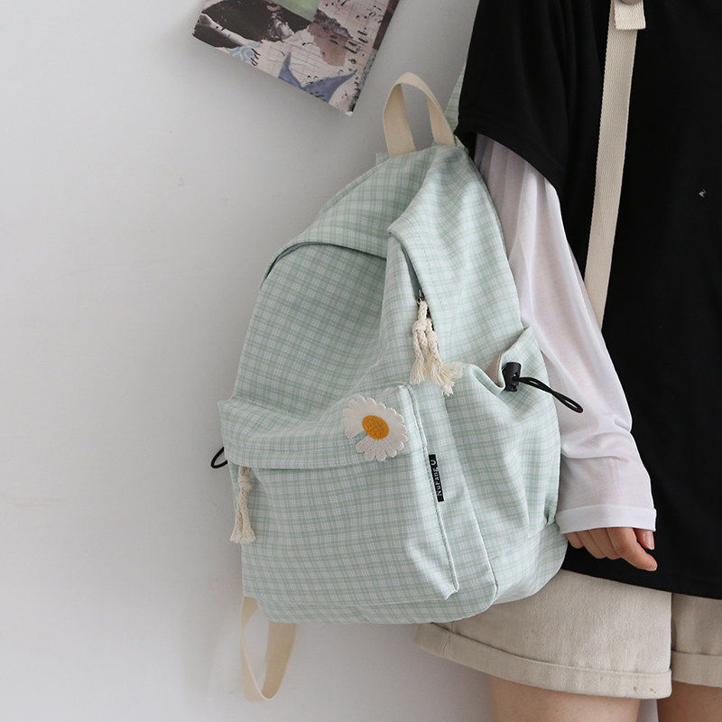 英国 MK DW森系时尚格子双肩包女轻便帆布书包女初中生大学生背包