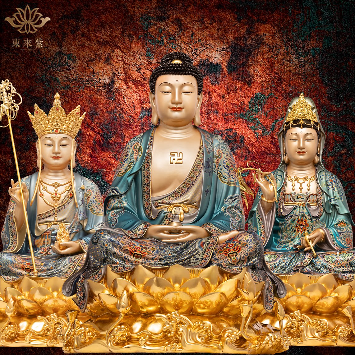 东来紫娑婆三圣铜像水浪坐莲菩萨彩绘工艺品家用九华山装饰摆件
