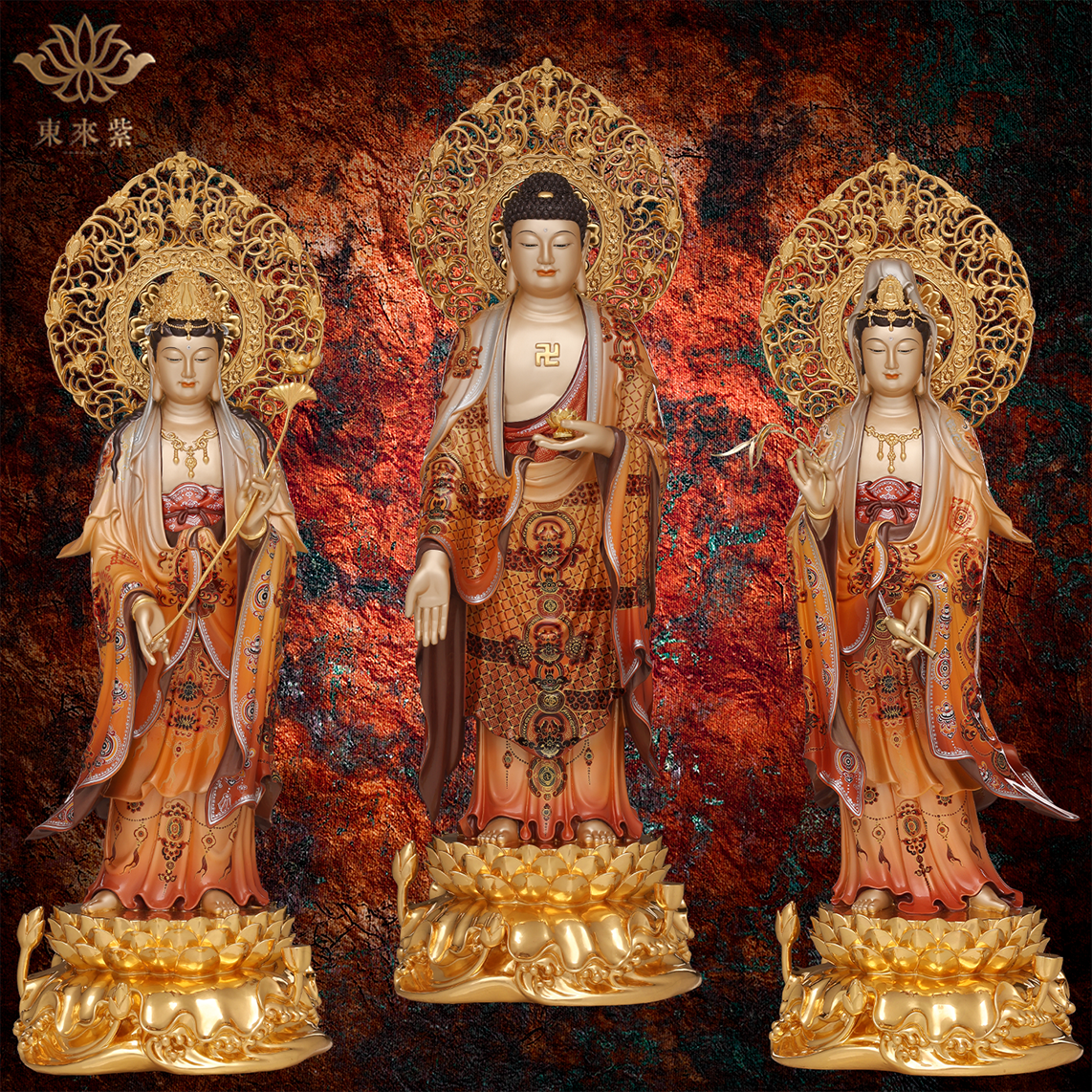 西方三圣佛像阿弥陀佛雕像大势至菩萨铜像观音摆件京铜台湾紫铜金