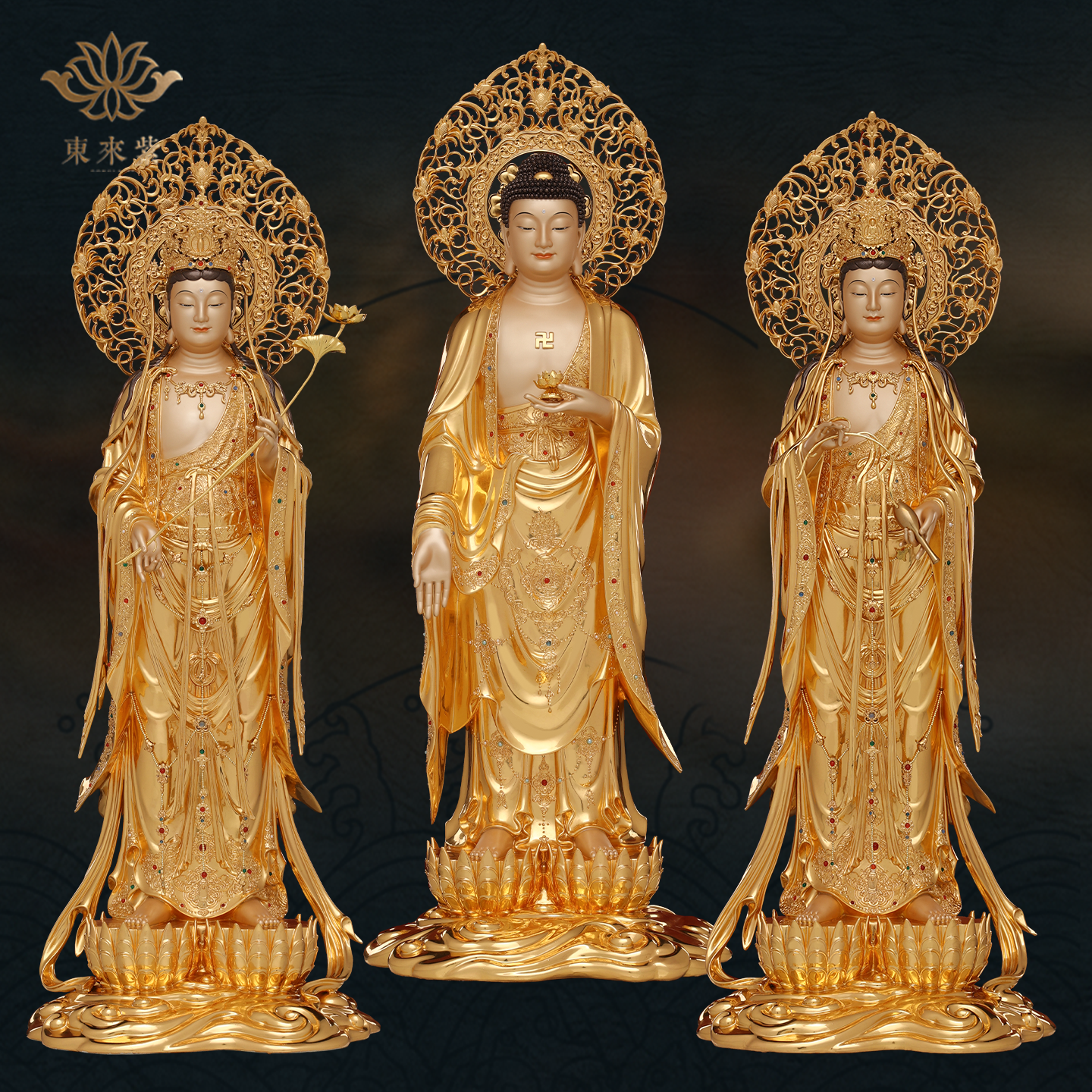 铜西方三圣佛像阿弥陀佛观音大势至菩萨贴金家居供奉京铜摆件