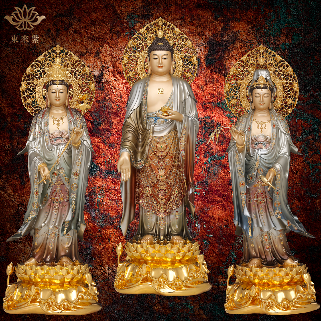 西方三圣佛像阿弥陀佛雕像大势至菩萨铜像观音摆件京铜台湾紫铜金