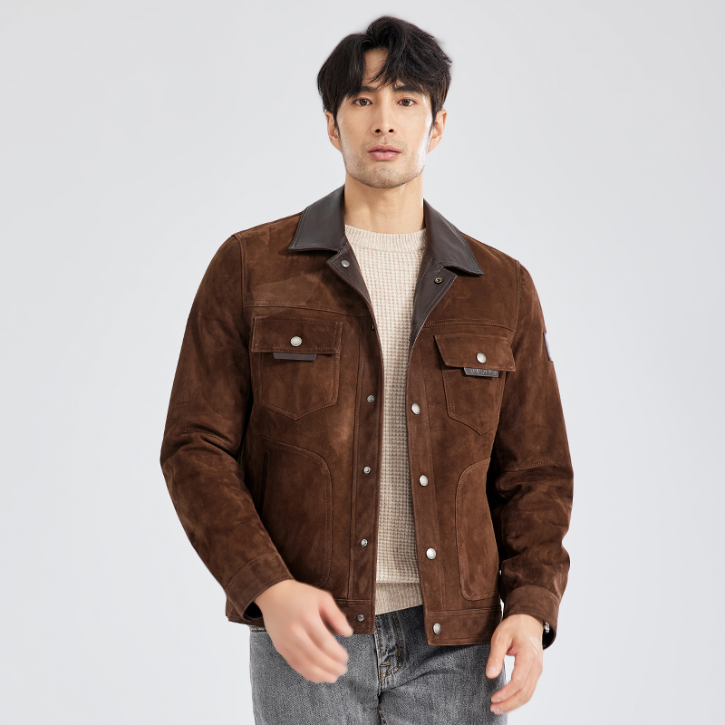海宁秋季反绒男士真皮皮衣时尚潮流混种小绵羊皮翻领绒面翻毛外套