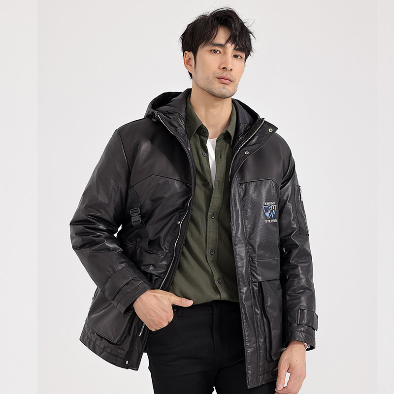 狄索2024冬季新款男士真皮羽绒服时尚潮流印花中长款连帽白鸭绒潮