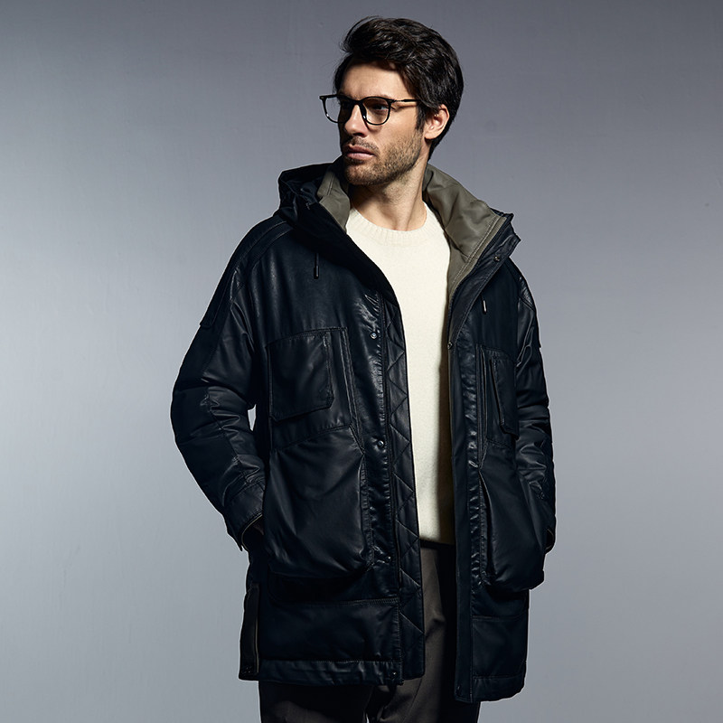 冬季新款男士保暖真皮羽绒服时尚简约中长款纯色连帽白鸭绒外套男