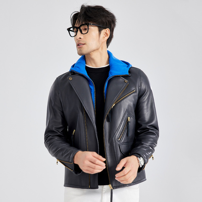 海宁秋冬新款男士真皮皮衣时尚机车修身绵羊皮外套修身短款皮夹克