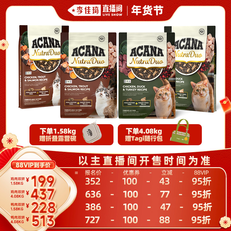 【李佳琦年货预售宠物节】爱肯拿鸡/鸭双拼倍护粮1.58/4.08kg,宠物/宠物食品及用品,猫全价冻干粮,淘宝优惠券,粉丝福利购,淘宝优惠卷