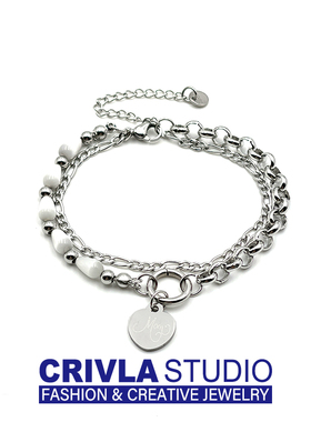 CRIVLA冷淡风字母吊牌手链男女ins小众设计感多层钛钢猫眼石手饰