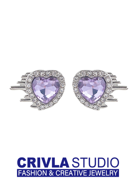 CRIVLA日韩风时尚紫色水钻爱心耳钉女ins冷淡风气质耳环奢华耳饰